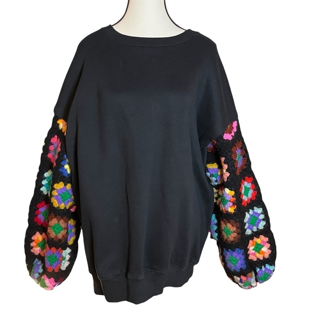 Emerge Crochet Sleeve Sweatshirt Granny Square Black Oversized Women’s Size M/L